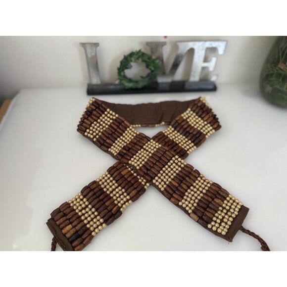 Baba L.A. Clothing Handmade‎ India Wood Faux Pearl Beaded Belt Tie Belt Vtg 32\